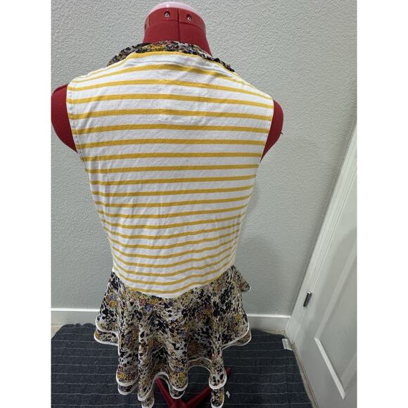 Yellow Striped Tank Top Floral Neckline Sleeveless Casual Cute - Picture 2 of 7